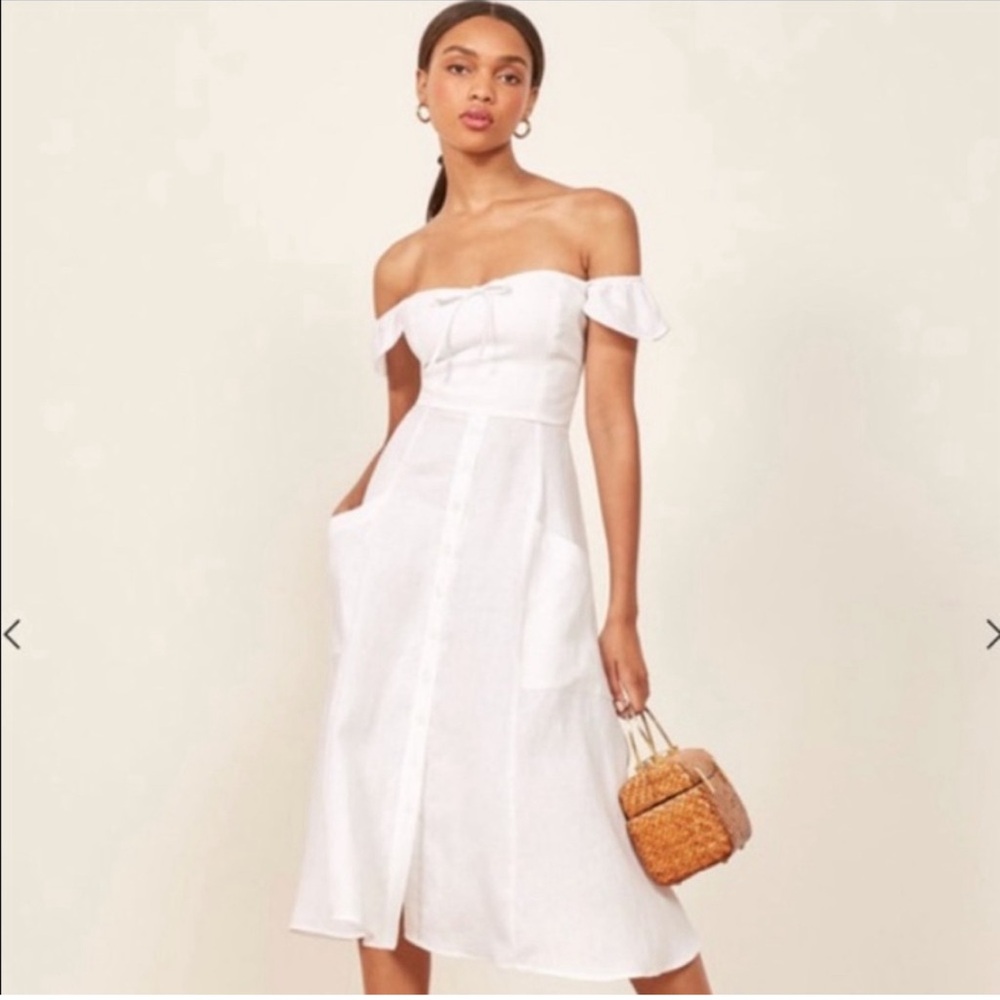 Reformation White Off-Shoulder Midi Dress